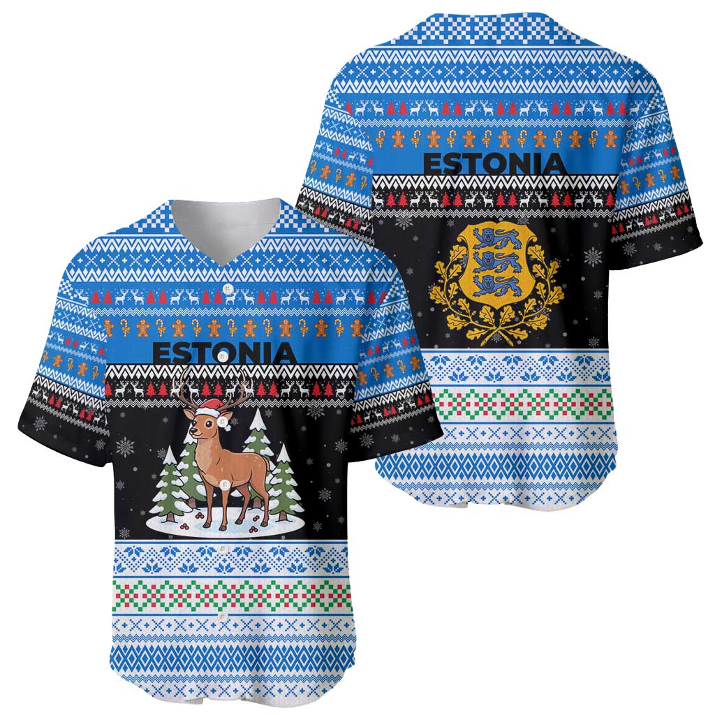 Estonia Christmas Baseball Jersey with Reindeer Gingerbread Snowflakes National Emblem and Winter Forest - Wonder Print Shop