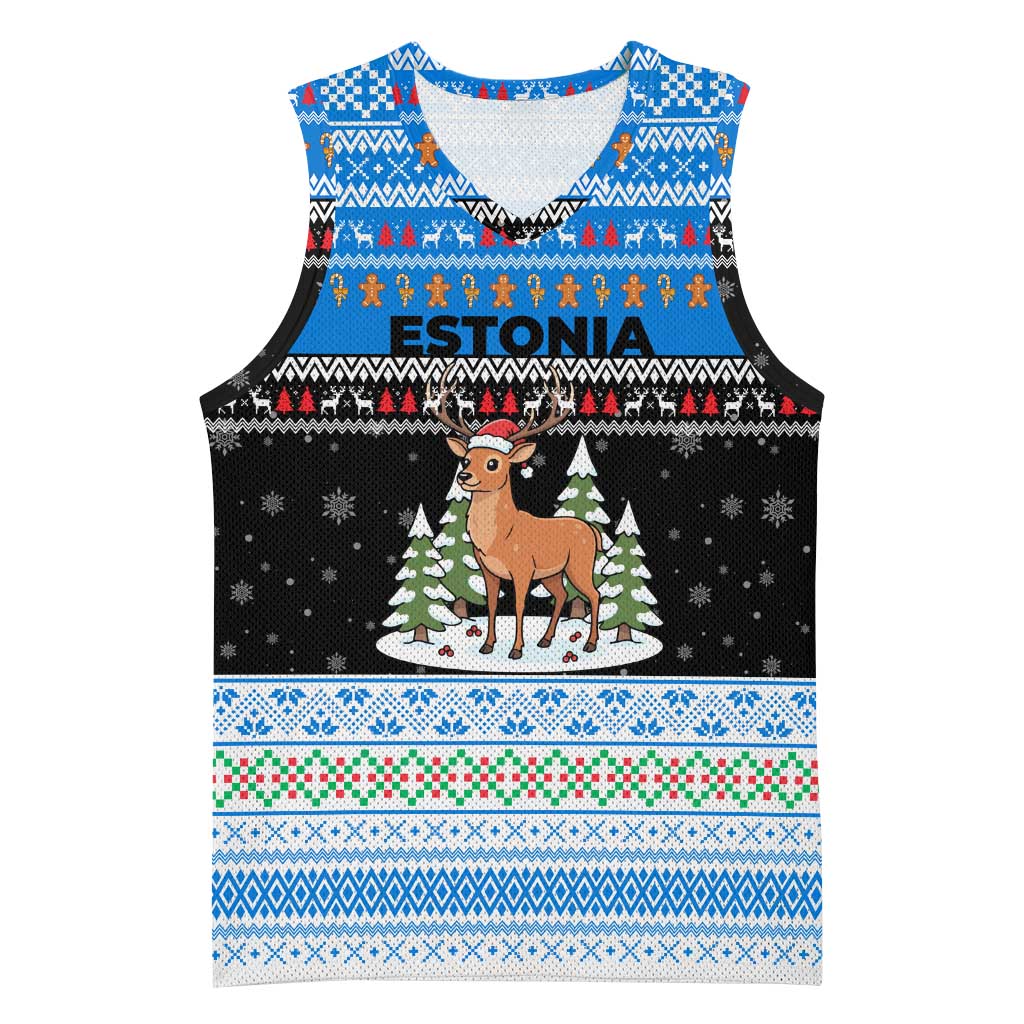 Estonia Christmas Basketball Jersey with Reindeer Gingerbread Snowflakes National Emblem and Winter Forest - Wonder Print Shop