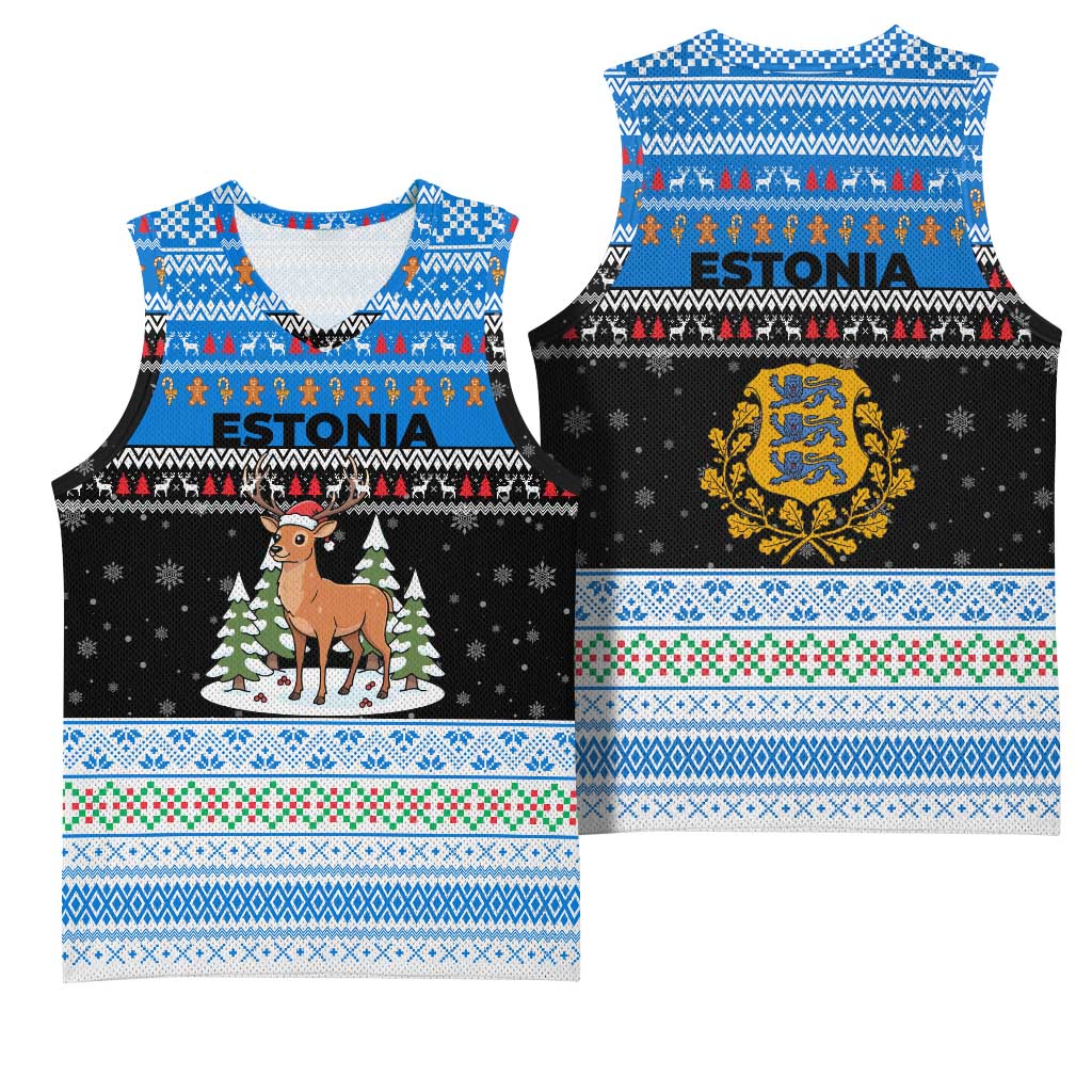 Estonia Christmas Basketball Jersey with Reindeer Gingerbread Snowflakes National Emblem and Winter Forest - Wonder Print Shop