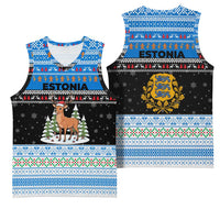Estonia Christmas Basketball Jersey with Reindeer Gingerbread Snowflakes National Emblem and Winter Forest - Wonder Print Shop
