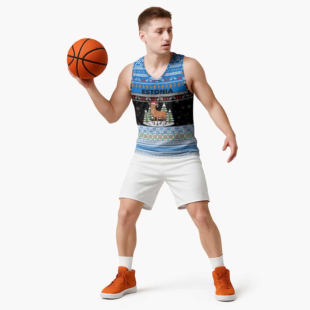 Estonia Christmas Basketball Jersey with Reindeer Gingerbread Snowflakes National Emblem and Winter Forest - Wonder Print Shop