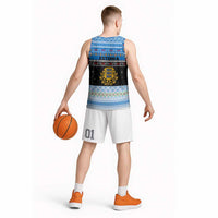 Estonia Christmas Basketball Jersey with Reindeer Gingerbread Snowflakes National Emblem and Winter Forest - Wonder Print Shop