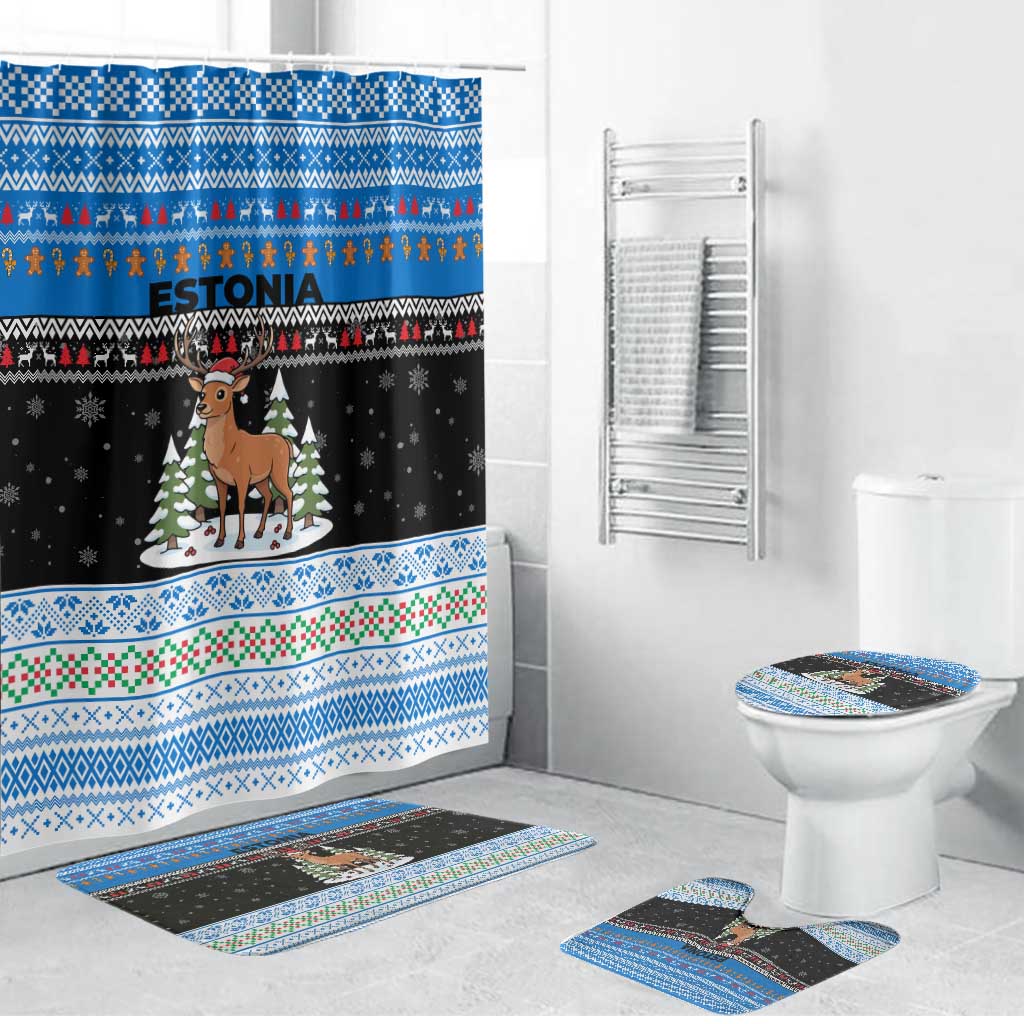 Estonia Christmas Bathroom Set with Reindeer Gingerbread Snowflakes National Emblem and Winter Forest - Wonder Print Shop