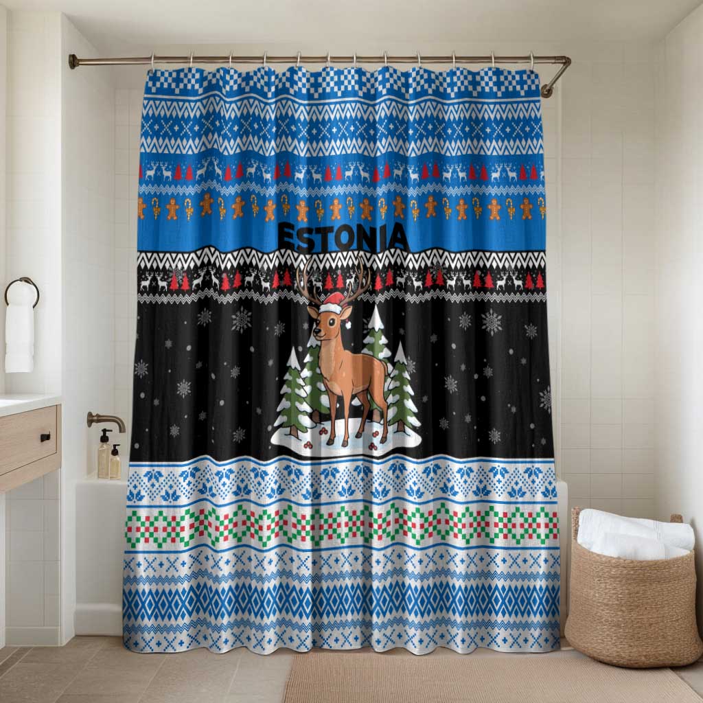 Estonia Christmas Bathroom Set with Reindeer Gingerbread Snowflakes National Emblem and Winter Forest - Wonder Print Shop