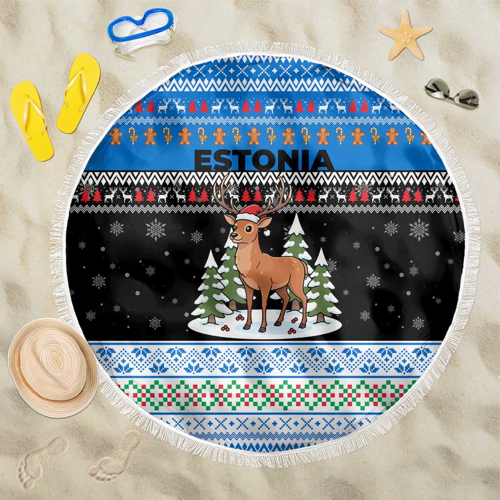 Estonia Christmas Beach Blanket with Reindeer Gingerbread Snowflakes National Emblem and Winter Forest - Wonder Print Shop