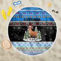 Estonia Christmas Beach Blanket with Reindeer Gingerbread Snowflakes National Emblem and Winter Forest - Wonder Print Shop