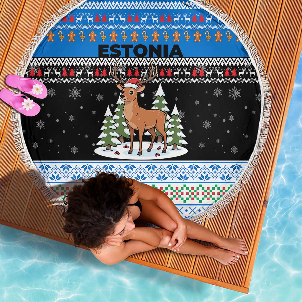 Estonia Christmas Beach Blanket with Reindeer Gingerbread Snowflakes National Emblem and Winter Forest - Wonder Print Shop