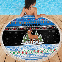 Estonia Christmas Beach Blanket with Reindeer Gingerbread Snowflakes National Emblem and Winter Forest - Wonder Print Shop