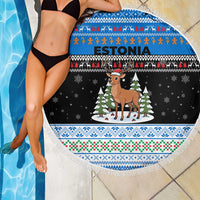 Estonia Christmas Beach Blanket with Reindeer Gingerbread Snowflakes National Emblem and Winter Forest - Wonder Print Shop