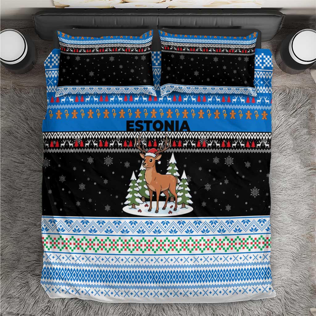 Estonia Christmas Bedding Set with Reindeer Gingerbread Snowflakes National Emblem and Winter Forest - Wonder Print Shop