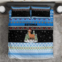 Estonia Christmas Bedding Set with Reindeer Gingerbread Snowflakes National Emblem and Winter Forest - Wonder Print Shop
