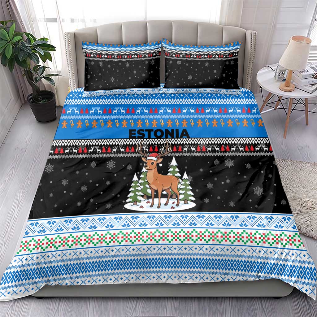Estonia Christmas Bedding Set with Reindeer Gingerbread Snowflakes National Emblem and Winter Forest - Wonder Print Shop