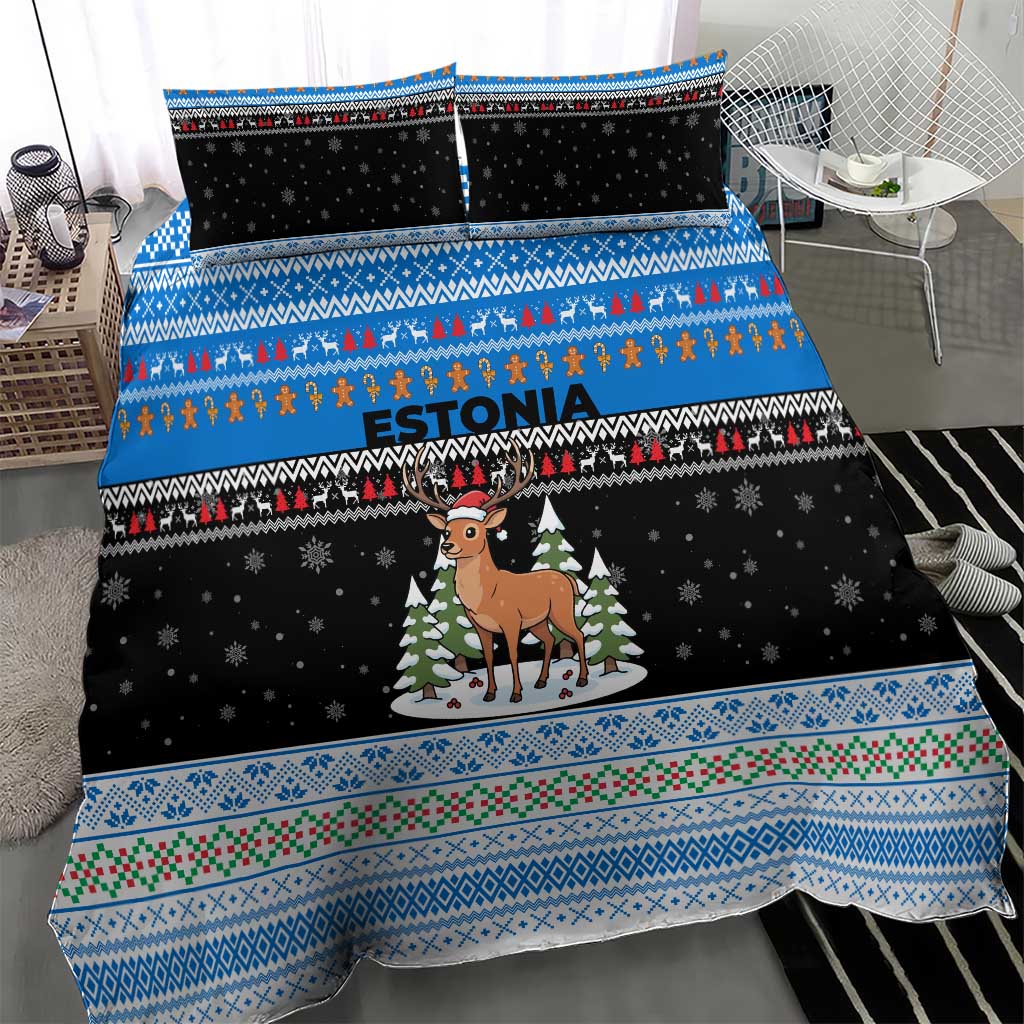 Estonia Christmas Bedding Set with Reindeer Gingerbread Snowflakes National Emblem and Winter Forest - Wonder Print Shop