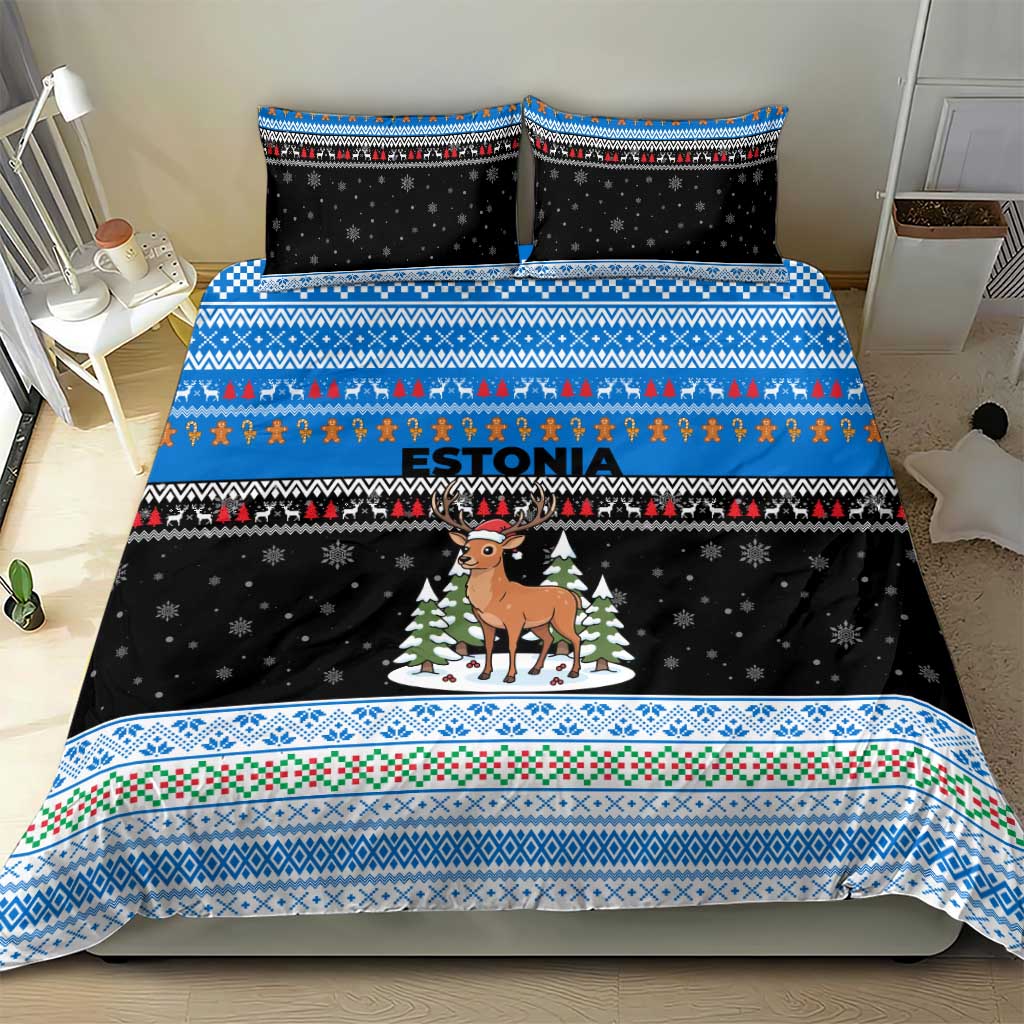 Estonia Christmas Bedding Set with Reindeer Gingerbread Snowflakes National Emblem and Winter Forest - Wonder Print Shop