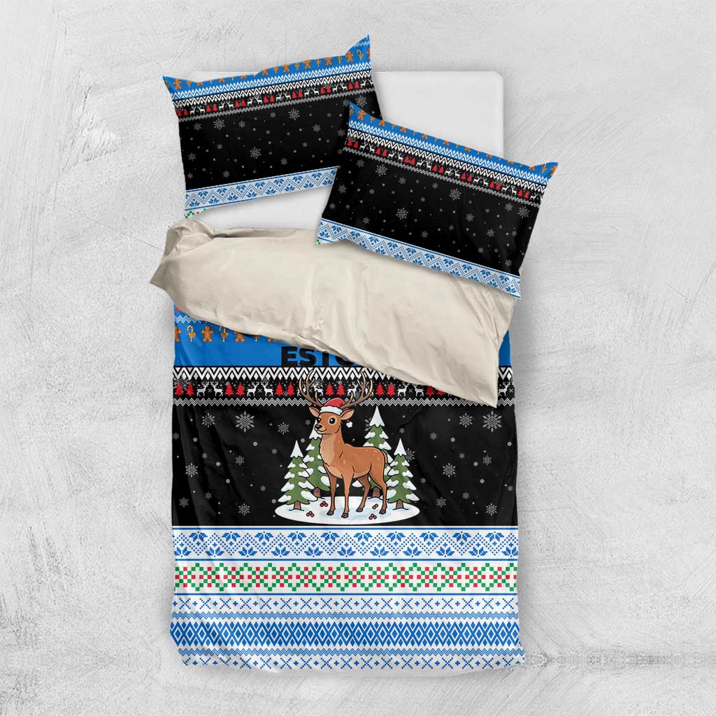 Estonia Christmas Bedding Set with Reindeer Gingerbread Snowflakes National Emblem and Winter Forest - Wonder Print Shop