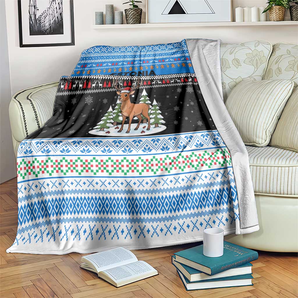 Estonia Christmas Blanket with Reindeer Gingerbread Snowflakes National Emblem and Winter Forest - Wonder Print Shop