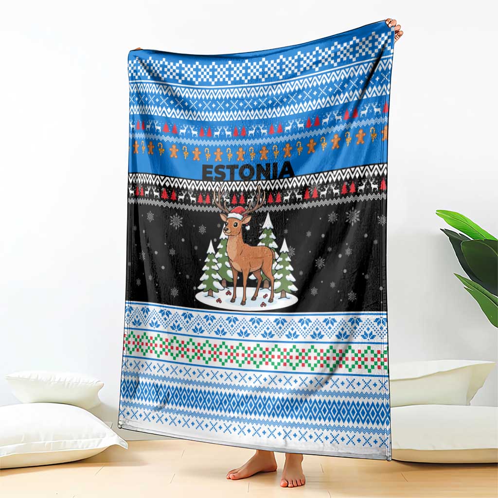 Estonia Christmas Blanket with Reindeer Gingerbread Snowflakes National Emblem and Winter Forest - Wonder Print Shop
