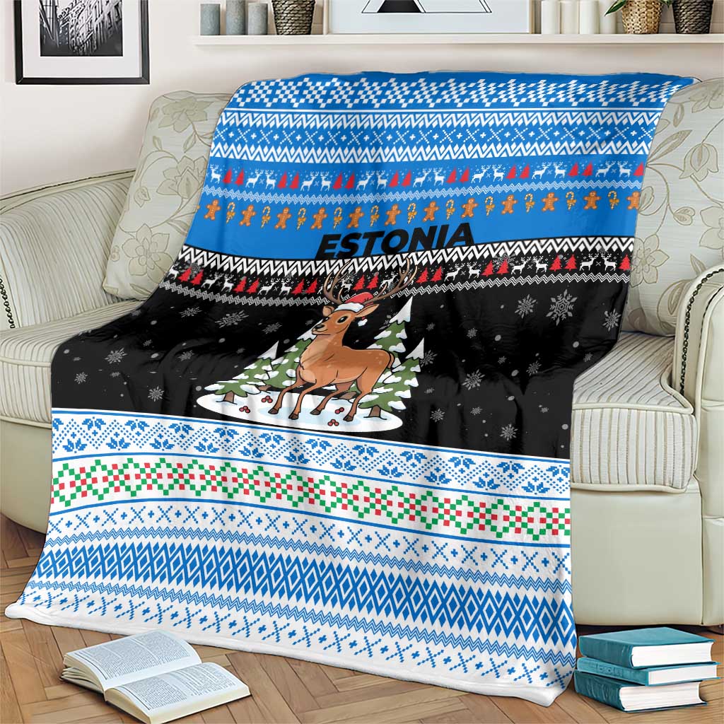 Estonia Christmas Blanket with Reindeer Gingerbread Snowflakes National Emblem and Winter Forest - Wonder Print Shop