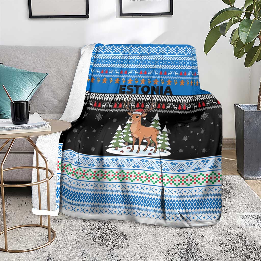 Estonia Christmas Blanket with Reindeer Gingerbread Snowflakes National Emblem and Winter Forest - Wonder Print Shop