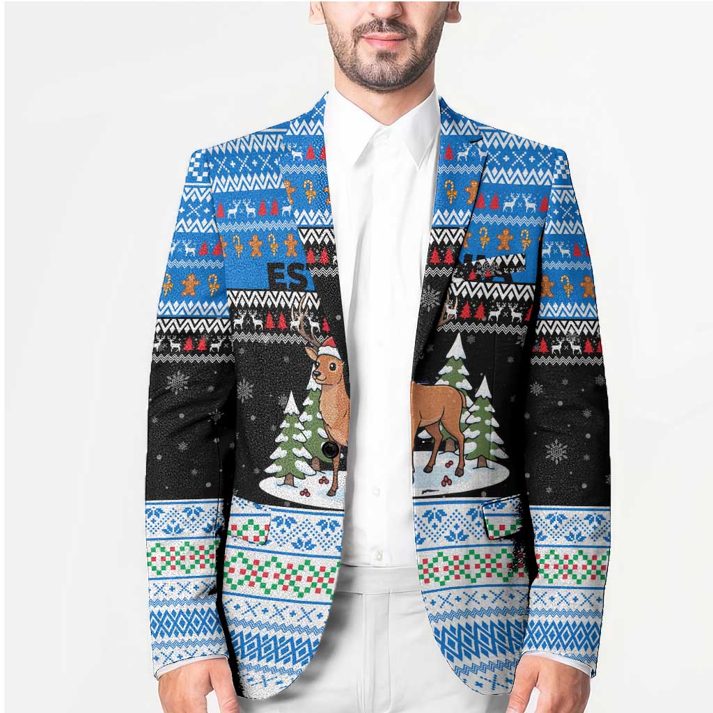 Estonia Christmas Blazer with Reindeer Gingerbread Snowflakes National Emblem and Winter Forest - Wonder Print Shop
