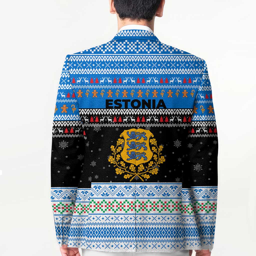 Estonia Christmas Blazer with Reindeer Gingerbread Snowflakes National Emblem and Winter Forest - Wonder Print Shop