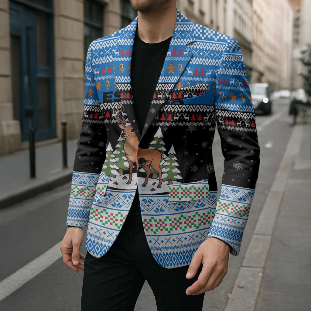 Estonia Christmas Blazer with Reindeer Gingerbread Snowflakes National Emblem and Winter Forest - Wonder Print Shop