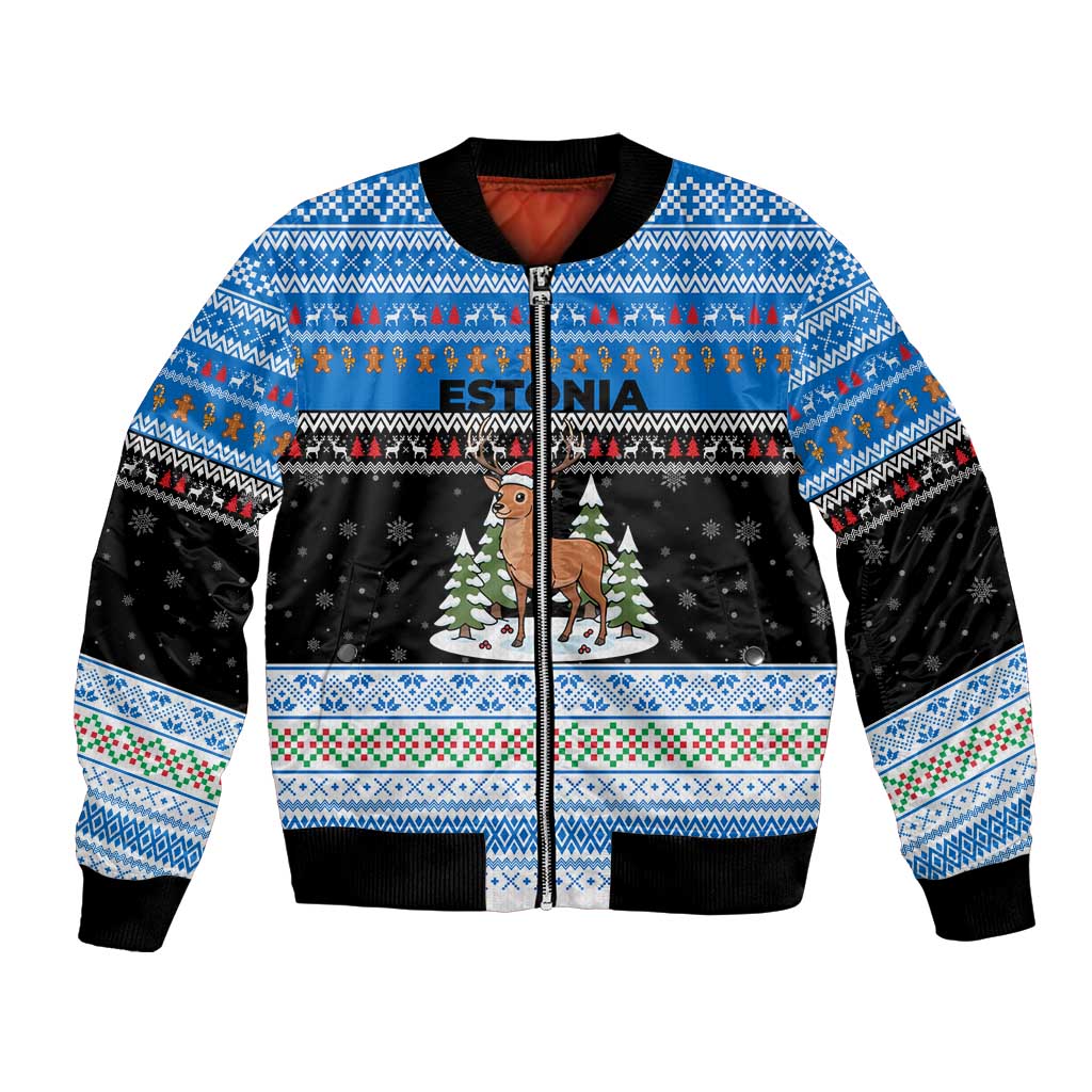 Estonia Christmas Bomber Jacket with Reindeer Gingerbread Snowflakes National Emblem and Winter Forest - Wonder Print Shop