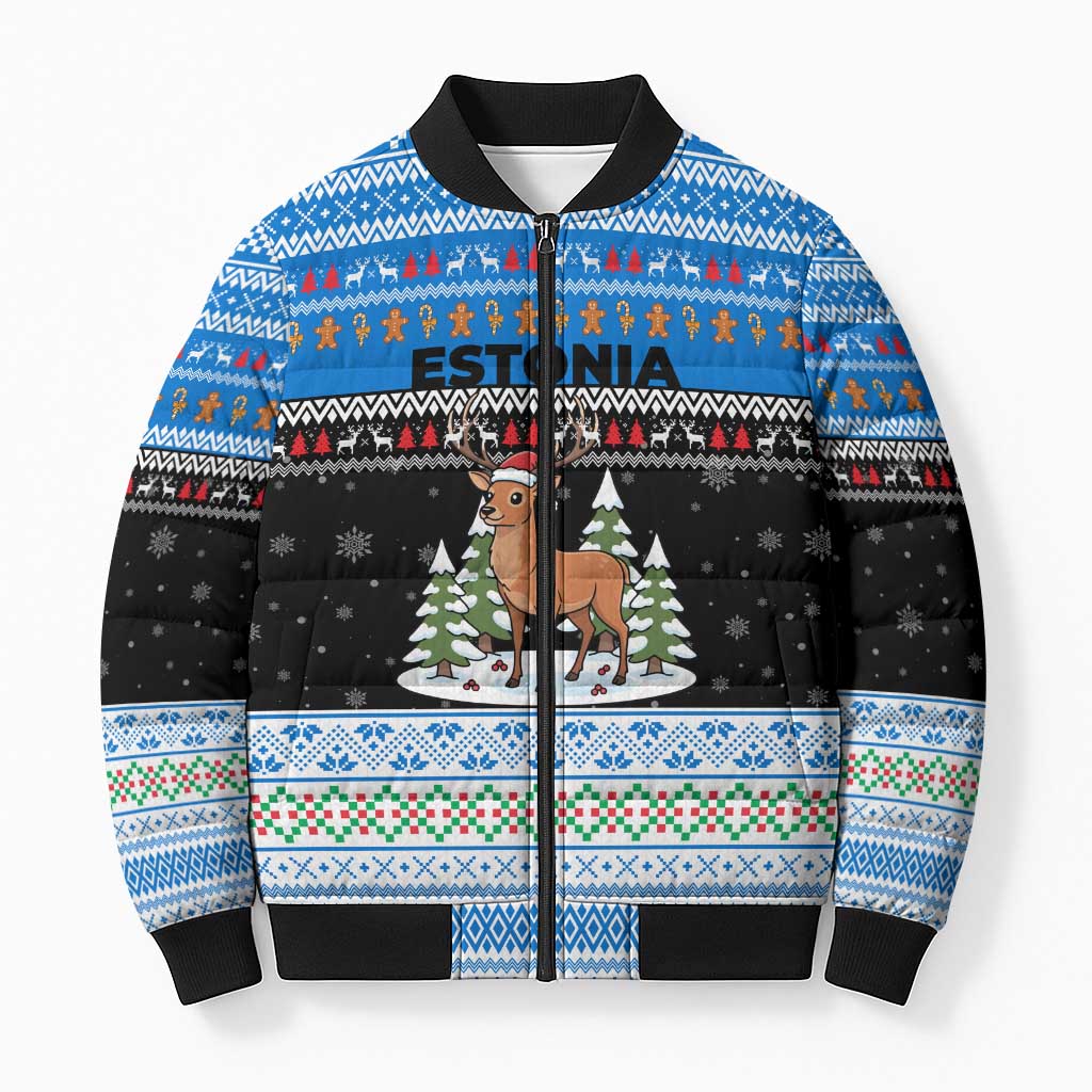 Estonia Christmas Bomber Puffer Jacket with Reindeer Gingerbread Snowflakes National Emblem and Winter Forest - Wonder Print Shop