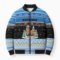 Estonia Christmas Bomber Puffer Jacket with Reindeer Gingerbread Snowflakes National Emblem and Winter Forest - Wonder Print Shop