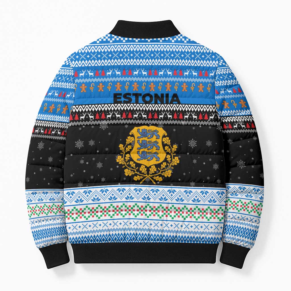 Estonia Christmas Bomber Puffer Jacket with Reindeer Gingerbread Snowflakes National Emblem and Winter Forest - Wonder Print Shop