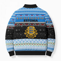Estonia Christmas Bomber Puffer Jacket with Reindeer Gingerbread Snowflakes National Emblem and Winter Forest - Wonder Print Shop