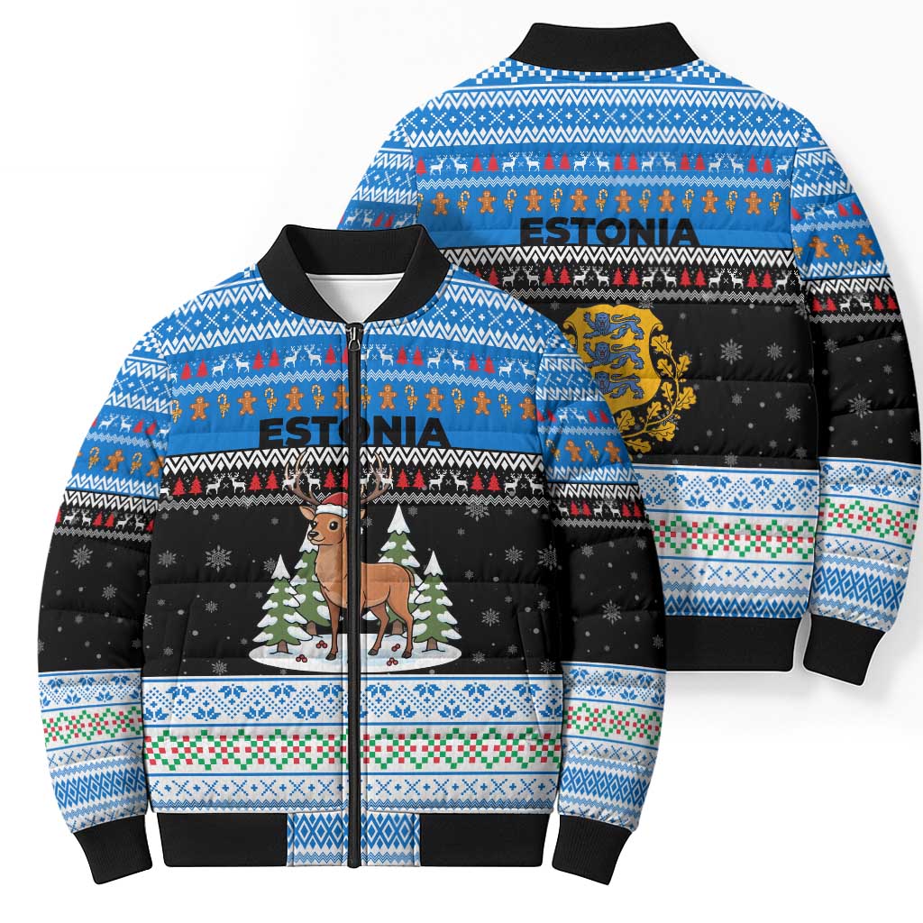 Estonia Christmas Bomber Puffer Jacket with Reindeer Gingerbread Snowflakes National Emblem and Winter Forest - Wonder Print Shop
