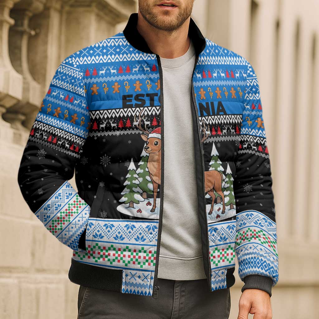 Estonia Christmas Bomber Puffer Jacket with Reindeer Gingerbread Snowflakes National Emblem and Winter Forest - Wonder Print Shop