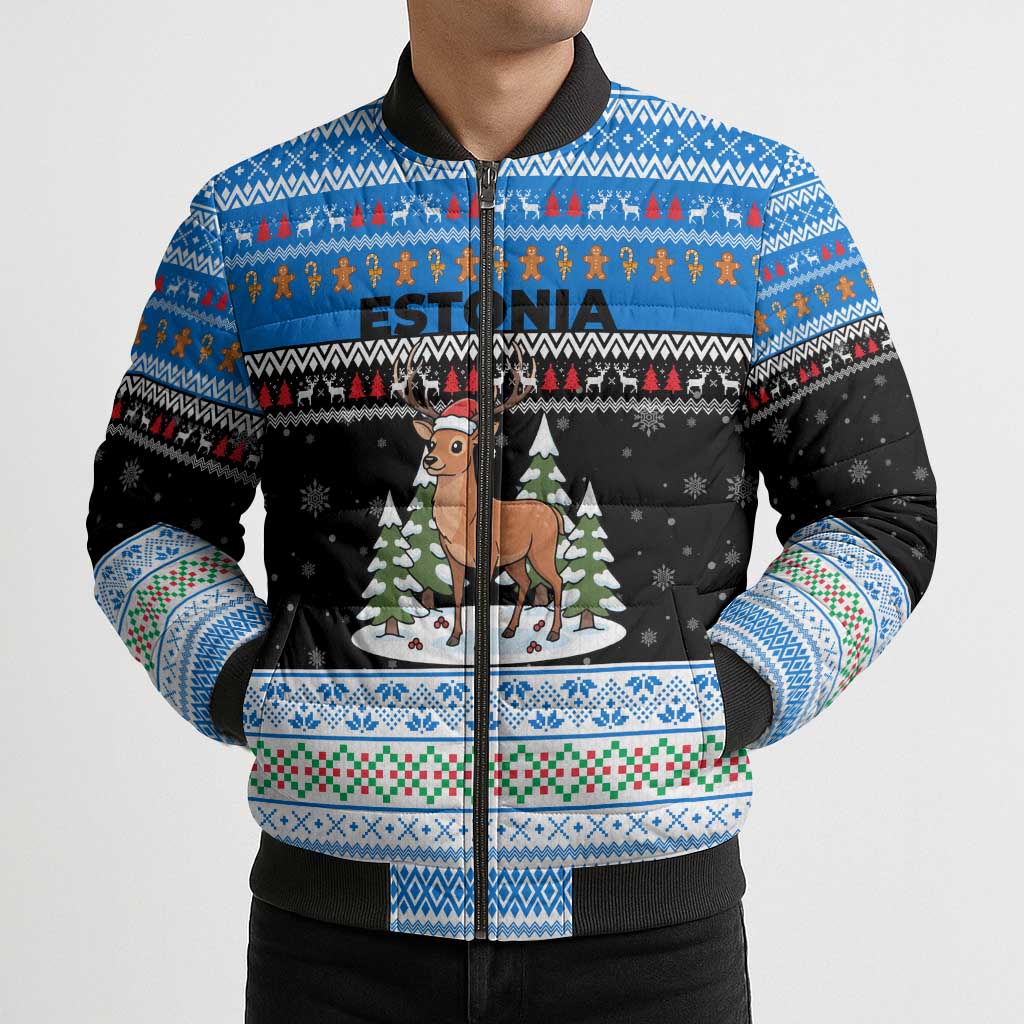 Estonia Christmas Bomber Puffer Jacket with Reindeer Gingerbread Snowflakes National Emblem and Winter Forest - Wonder Print Shop