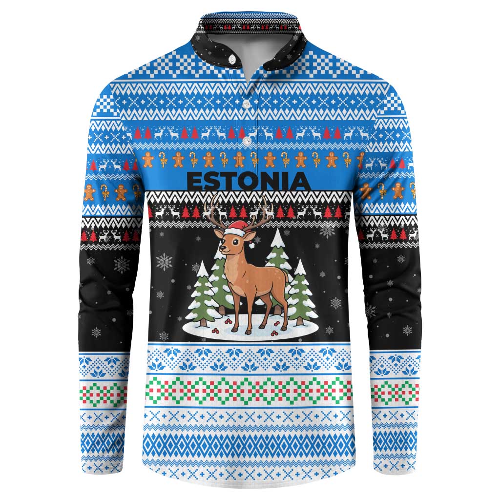 Estonia Christmas Button Sweatshirt with Reindeer Gingerbread Snowflakes National Emblem and Winter Forest - Wonder Print Shop