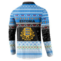 Estonia Christmas Button Sweatshirt with Reindeer Gingerbread Snowflakes National Emblem and Winter Forest - Wonder Print Shop