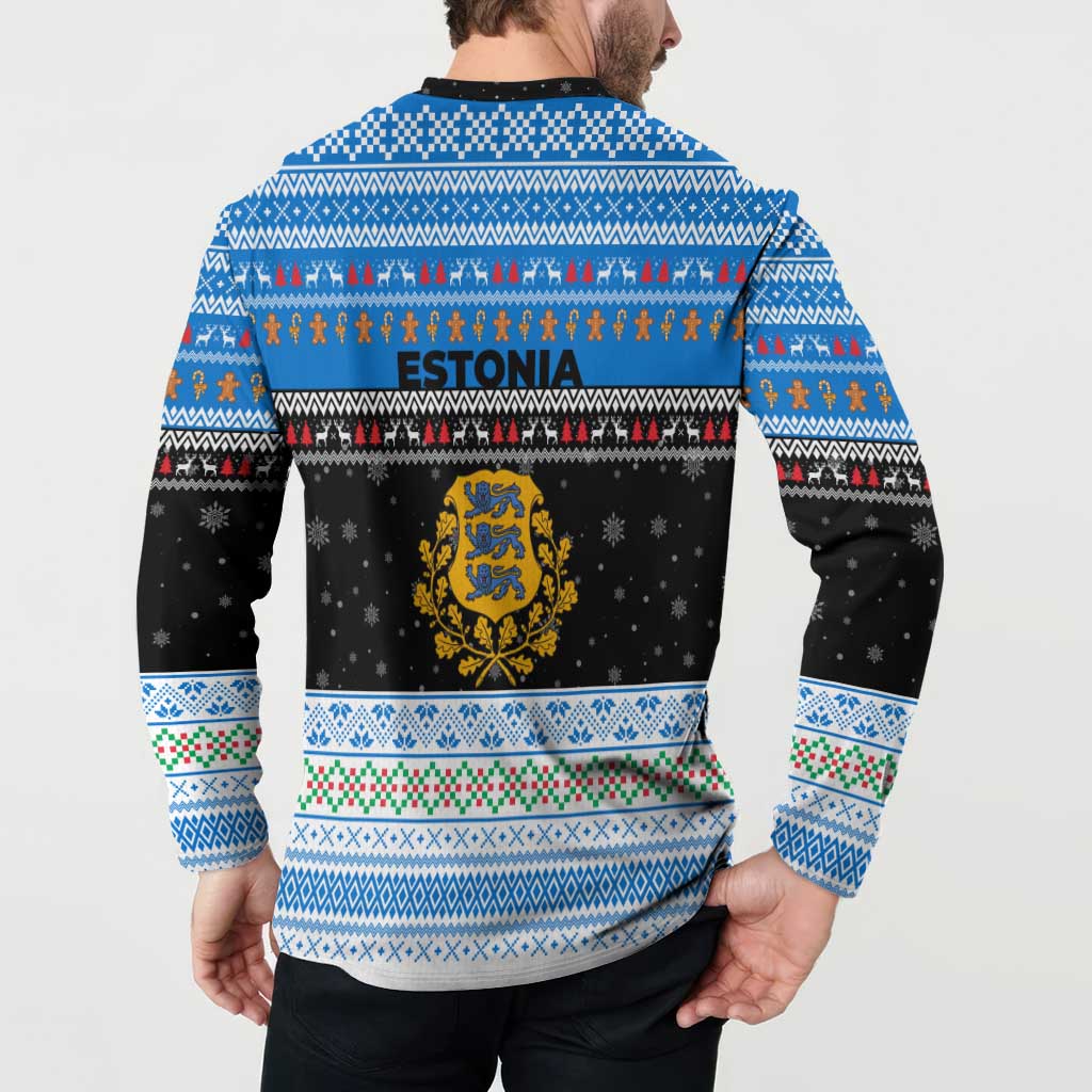 Estonia Christmas Button Sweatshirt with Reindeer Gingerbread Snowflakes National Emblem and Winter Forest - Wonder Print Shop