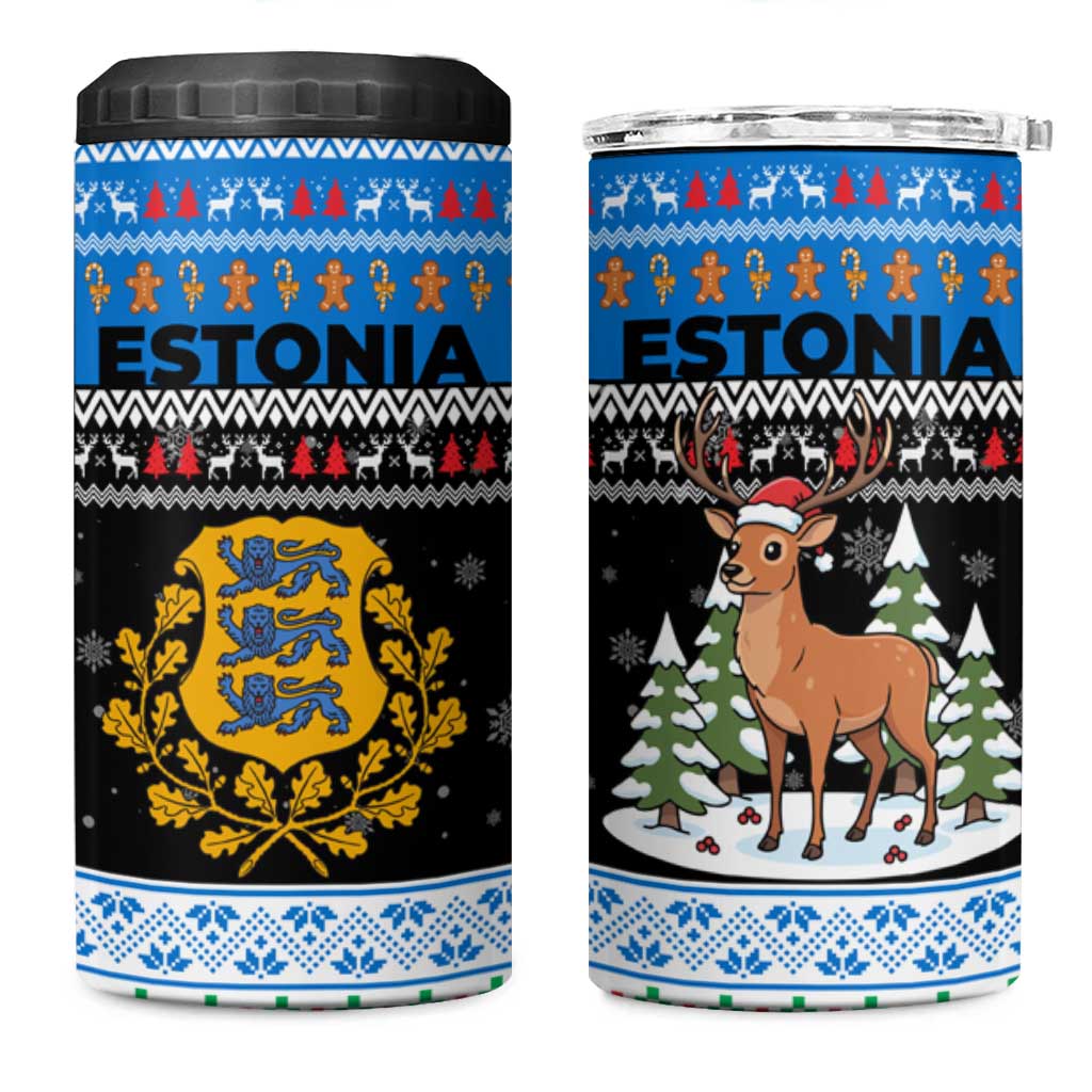 Estonia Christmas 4 in 1 Can Cooler Tumbler with Reindeer Gingerbread Snowflakes National Emblem and Winter Forest - Wonder Print Shop