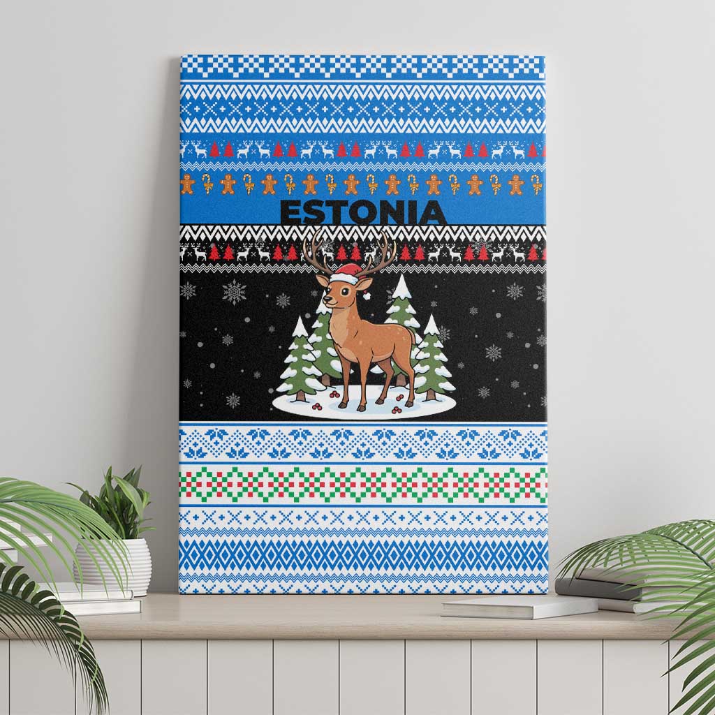Estonia Christmas Canvas Wall Art with Reindeer Gingerbread Snowflakes National Emblem and Winter Forest - Wonder Print Shop