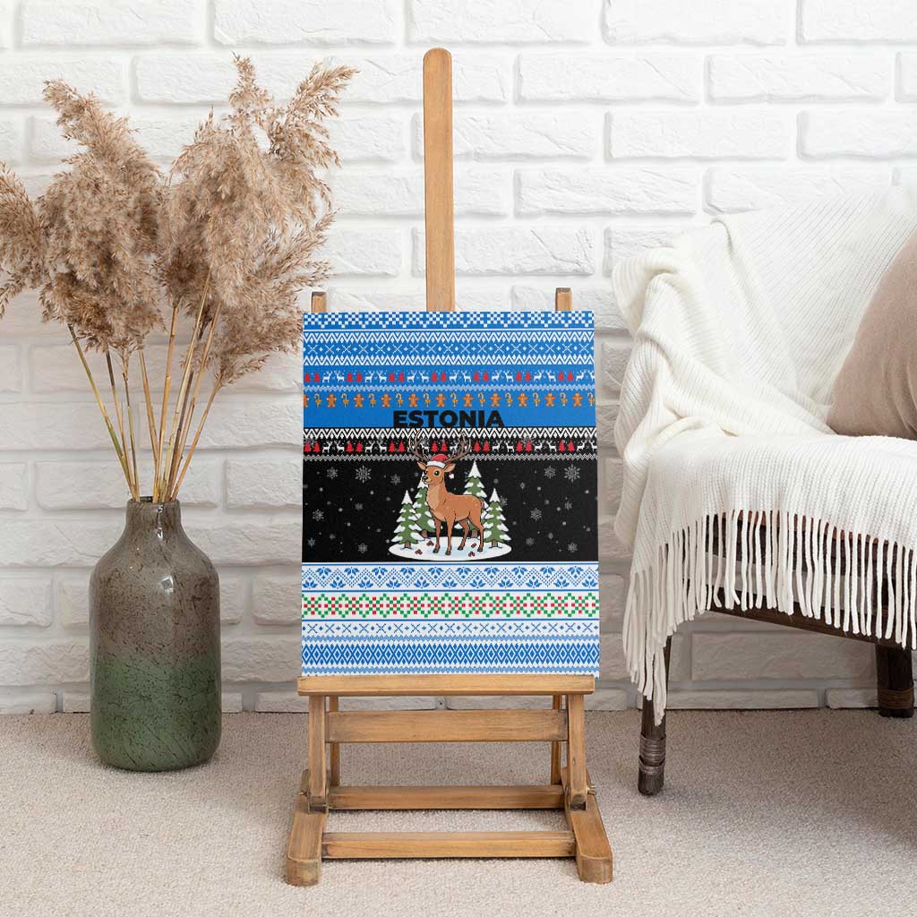 Estonia Christmas Canvas Wall Art with Reindeer Gingerbread Snowflakes National Emblem and Winter Forest - Wonder Print Shop