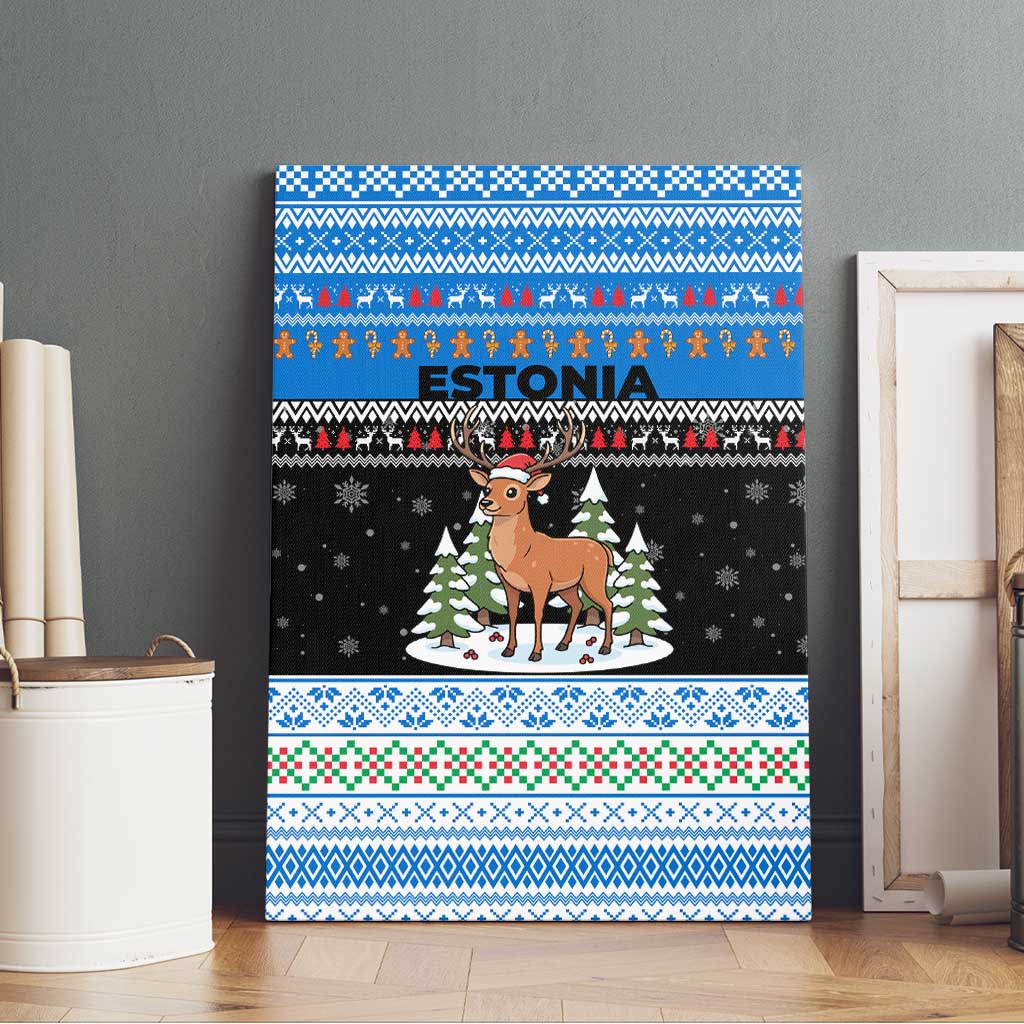 Estonia Christmas Canvas Wall Art with Reindeer Gingerbread Snowflakes National Emblem and Winter Forest - Wonder Print Shop