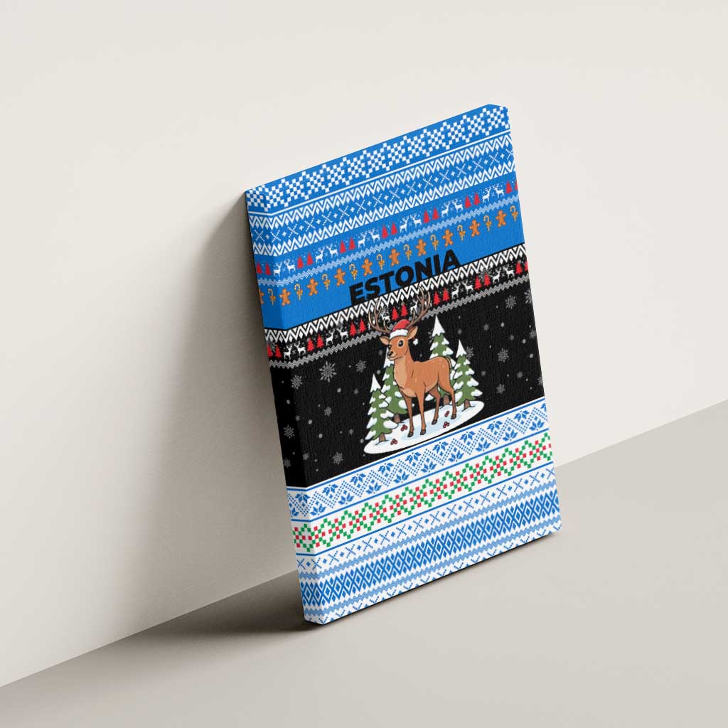 Estonia Christmas Canvas Wall Art with Reindeer Gingerbread Snowflakes National Emblem and Winter Forest - Wonder Print Shop