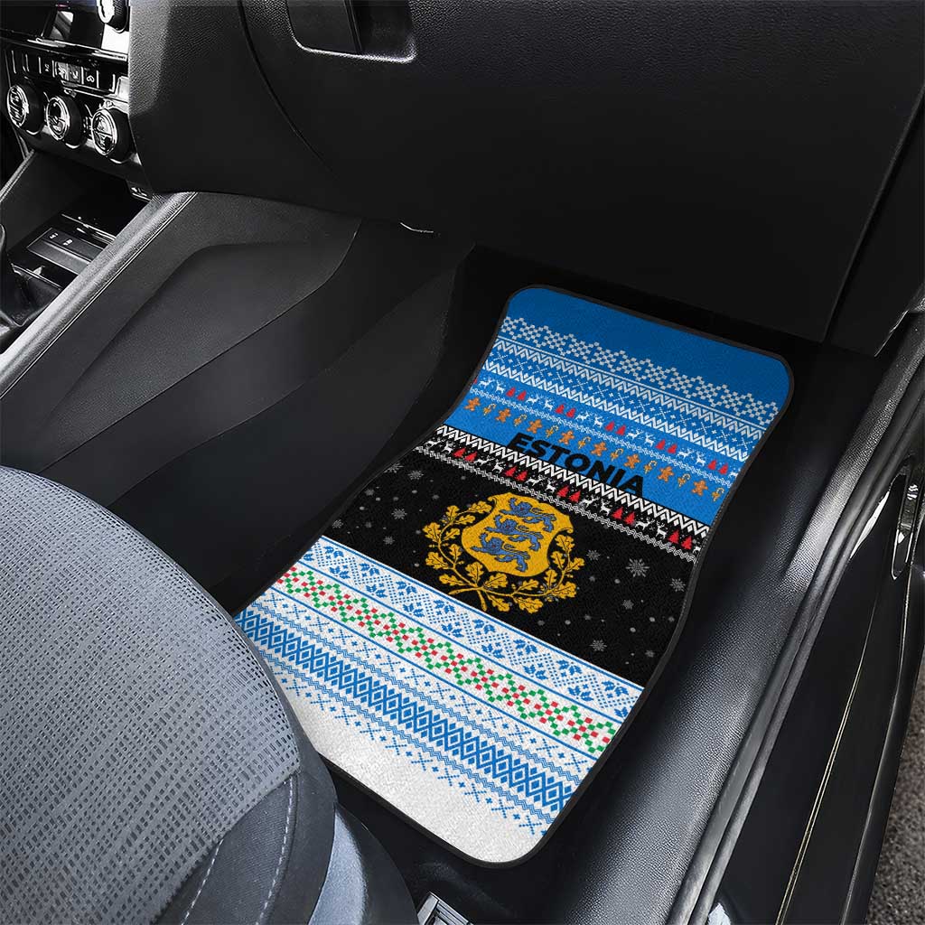 Estonia Christmas Car Mats with Reindeer Gingerbread Snowflakes National Emblem and Winter Forest - Wonder Print Shop