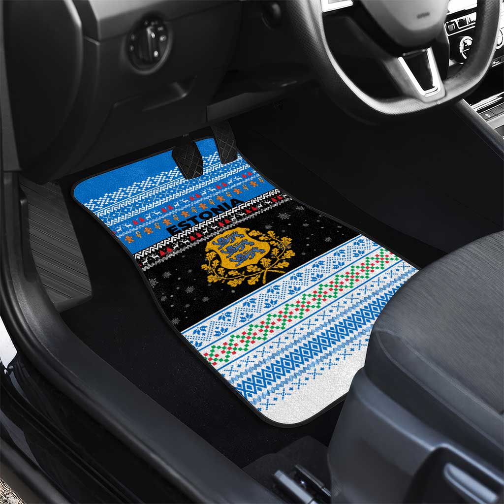 Estonia Christmas Car Mats with Reindeer Gingerbread Snowflakes National Emblem and Winter Forest - Wonder Print Shop
