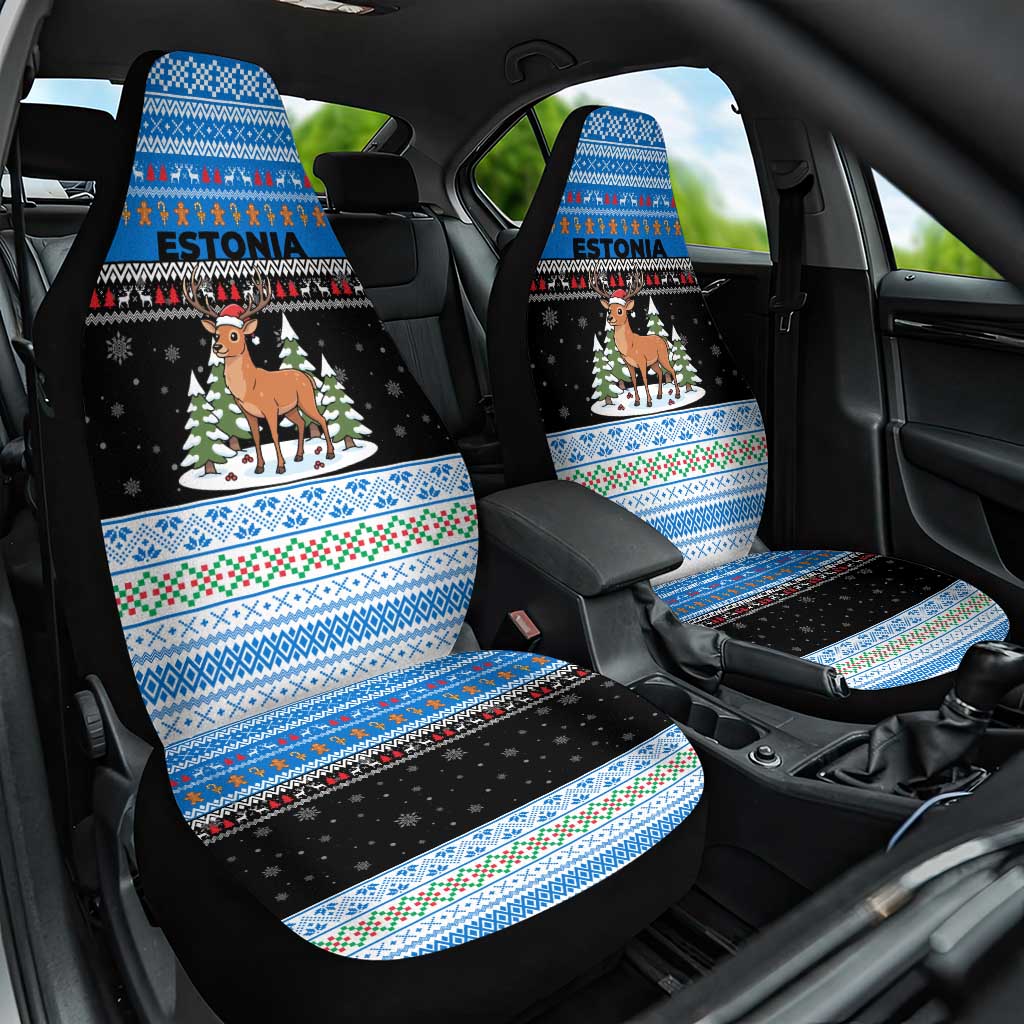 Estonia Christmas Car Seat Cover with Reindeer Gingerbread Snowflakes National Emblem and Winter Forest - Wonder Print Shop