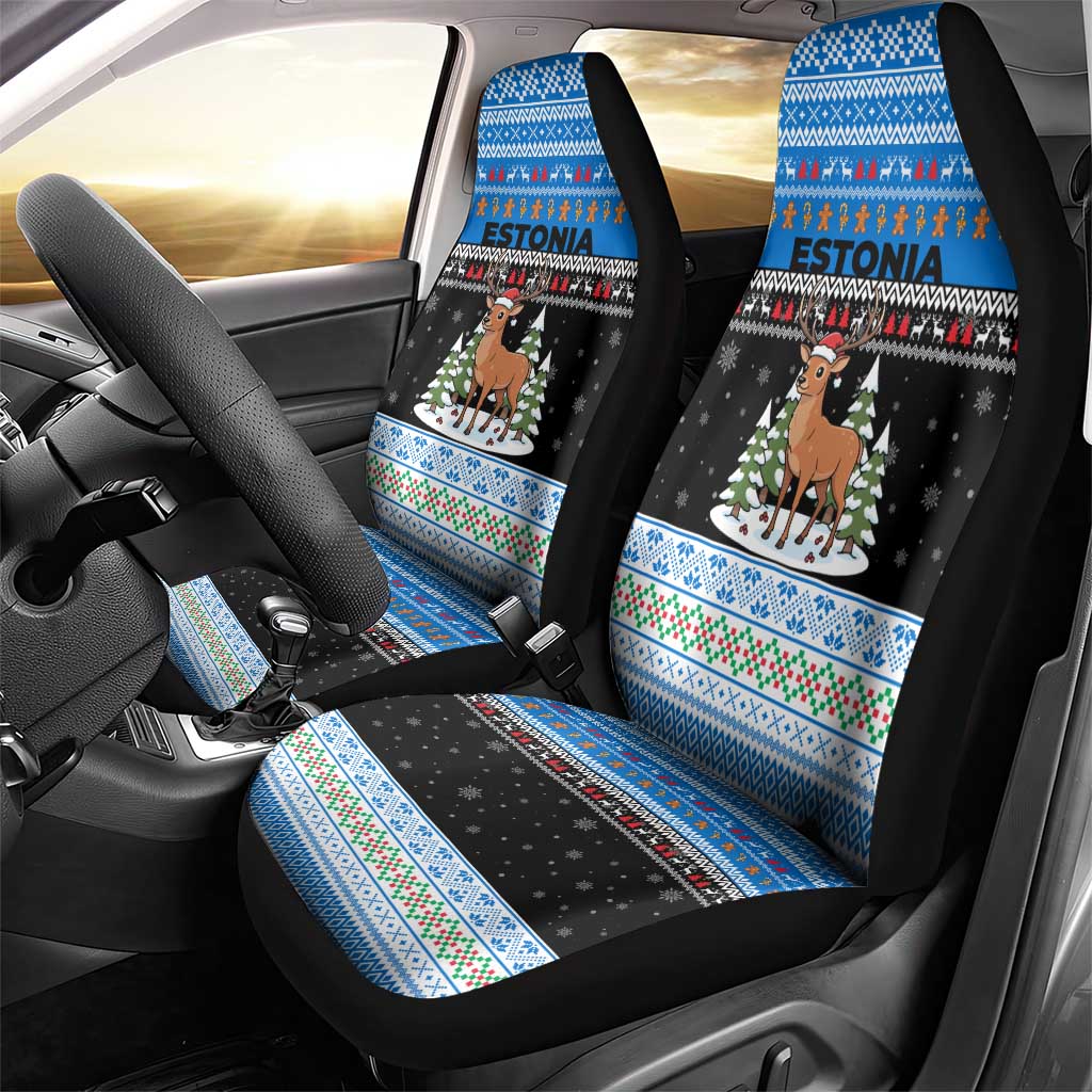 Estonia Christmas Car Seat Cover with Reindeer Gingerbread Snowflakes National Emblem and Winter Forest - Wonder Print Shop