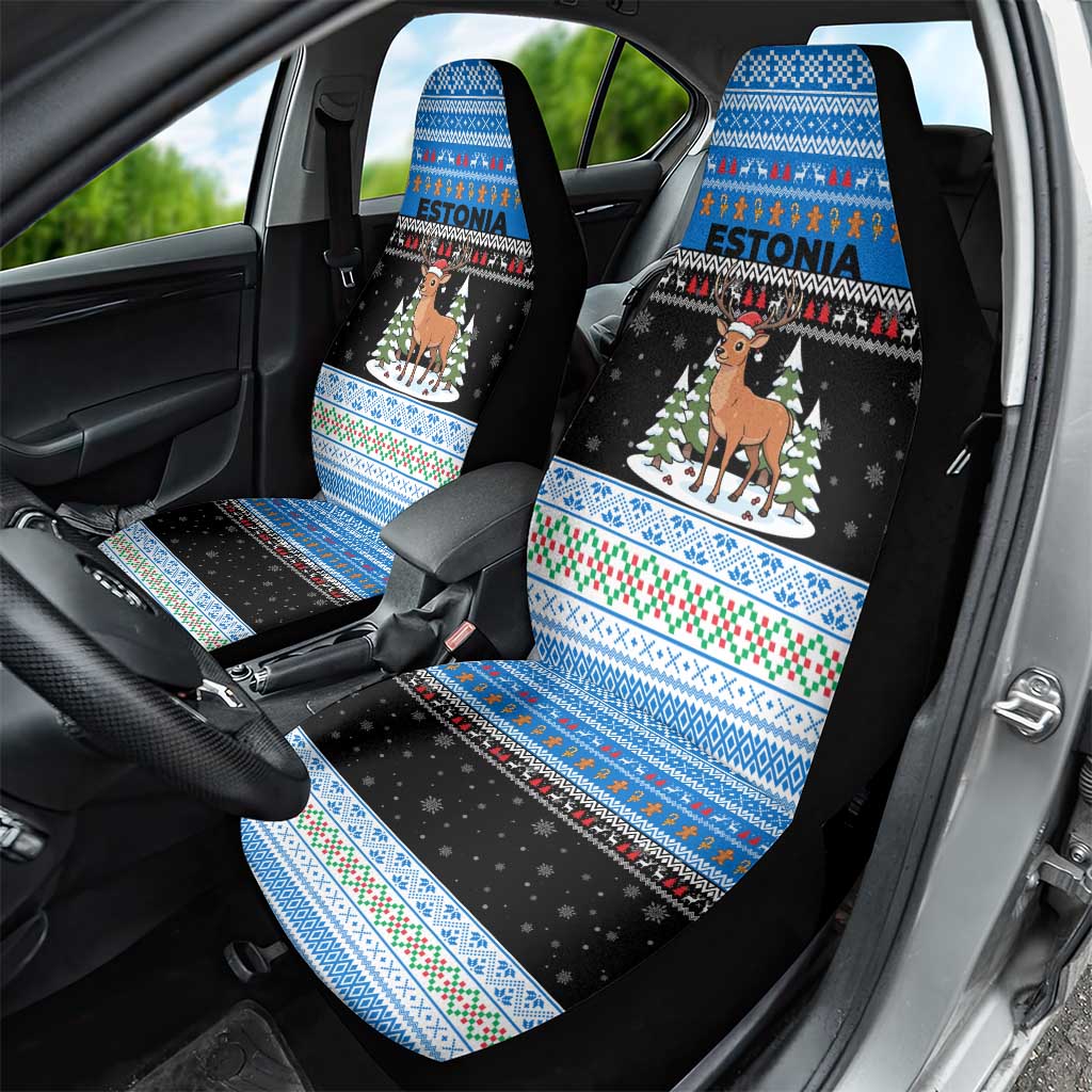 Estonia Christmas Car Seat Cover with Reindeer Gingerbread Snowflakes National Emblem and Winter Forest - Wonder Print Shop