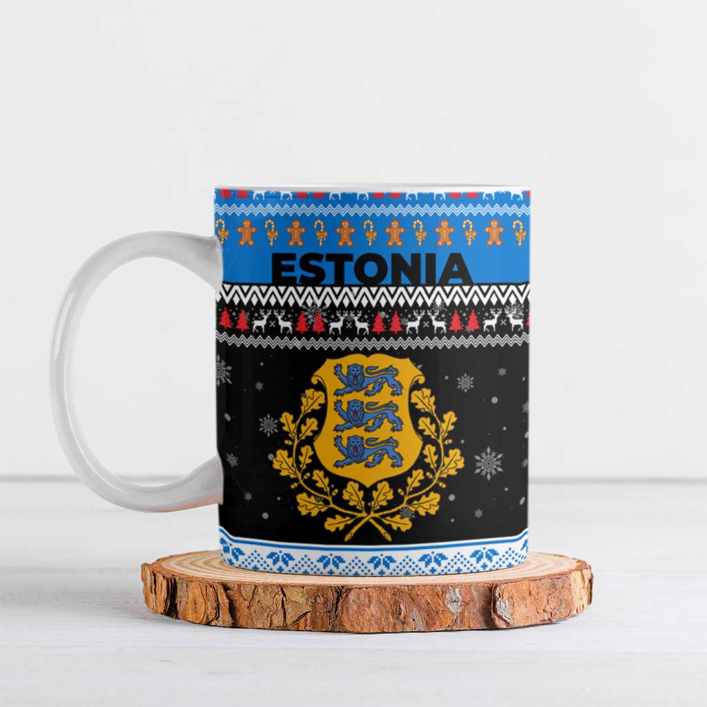 Estonia Christmas Ceramic Mug with Reindeer Gingerbread Snowflakes National Emblem and Winter Forest - Wonder Print Shop