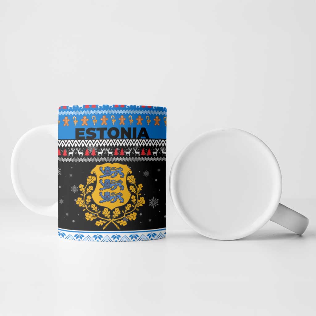 Estonia Christmas Ceramic Mug with Reindeer Gingerbread Snowflakes National Emblem and Winter Forest - Wonder Print Shop