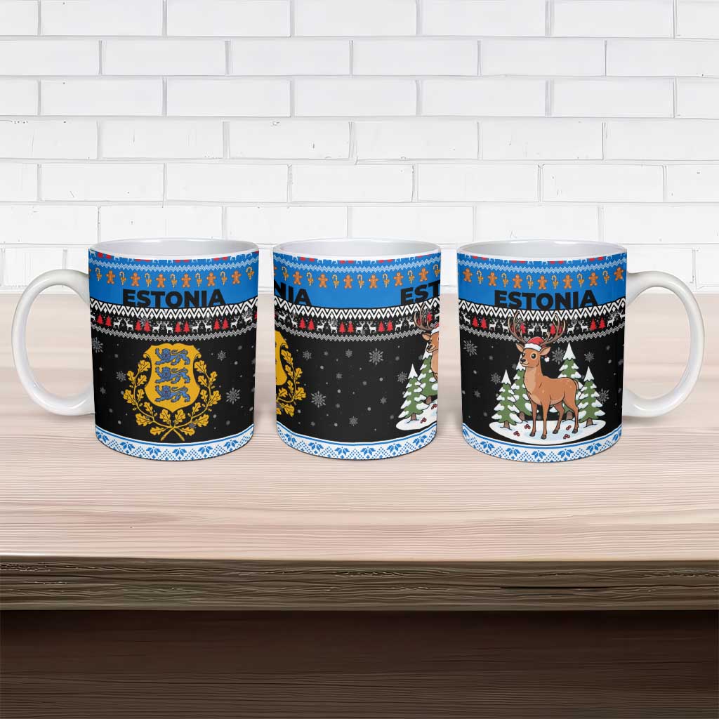 Estonia Christmas Ceramic Mug with Reindeer Gingerbread Snowflakes National Emblem and Winter Forest - Wonder Print Shop